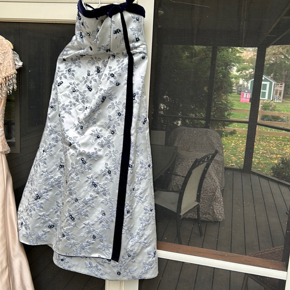 Custom light blue/midnight blue evening gown w hand sewn flowers velvet trim.